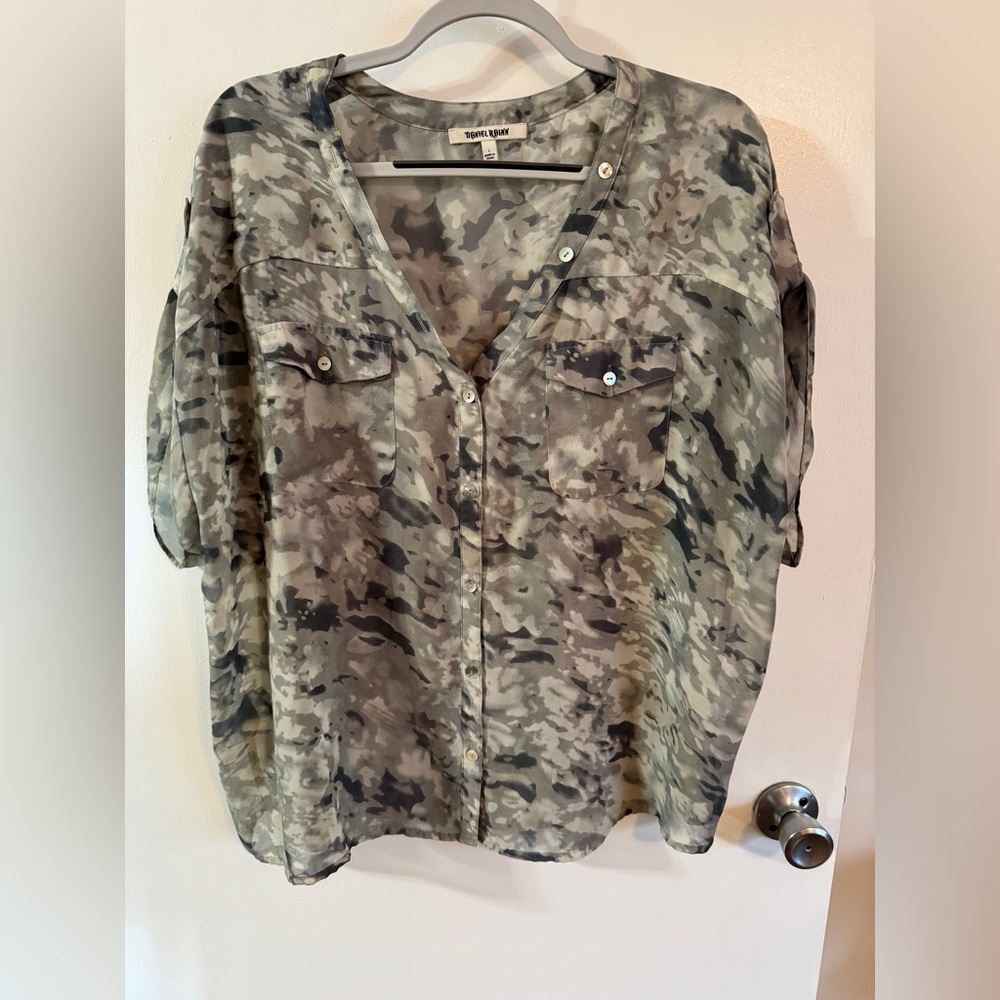 Daniel Rainn Sheer Gray and Cream Camouflage Pearl Button Blouse